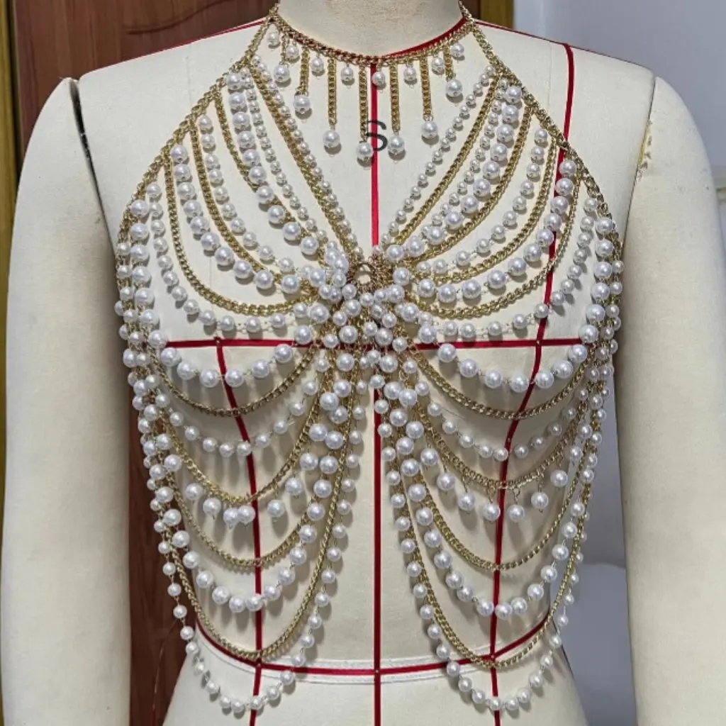 

Women's Fashion Multi-Layer Pearl Chain Top Hollow out Sexy Design Europe And USA Style L4857Y Body Chain Vest