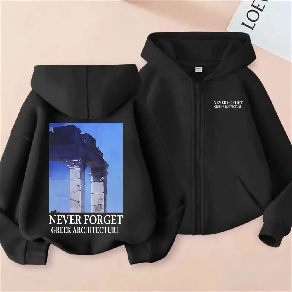 

NEVER FORGET GREEK ARCHITECTURE Zipper Hoodie Men Women Fashion Vintage Zip Up Jacket Male Casual Oversized Zip Up Sweatshirt