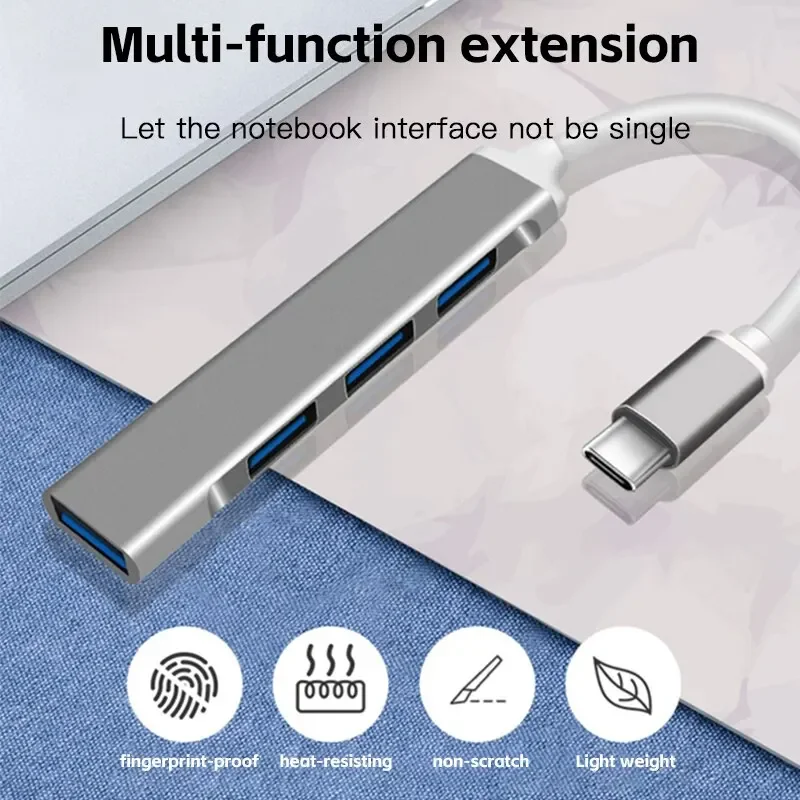 Mini USB Type C Hub 4Port Adapter USB3.1Multi Splitter 4in1 Docking Station UltraSlim SuperSpeed Aluminum For Computer Laptop PC