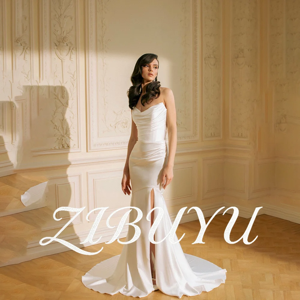 

ZIBUYU Customized Mermaid Satin Wedding Dress Strapless Sweetheart Ruched Waist Cape Corset Back High Side Slit Bridal Gowns