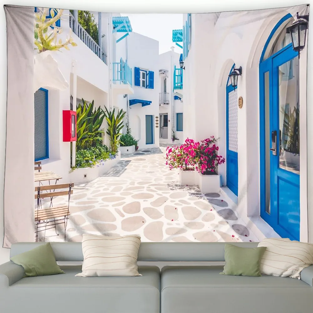 Greek Landscape Tapestry Seaside Town Streets Flowers Plants Blue White Door Window Architecture Garden Wall Hanging Home Decor