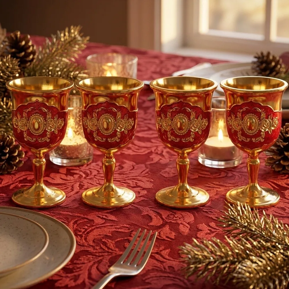 Stemmed Liquor Tasting Cups Metal Goblet Shot Glasses For Home Drinking 3.5*6.6CM Exquisite Embossed Floral Pattern