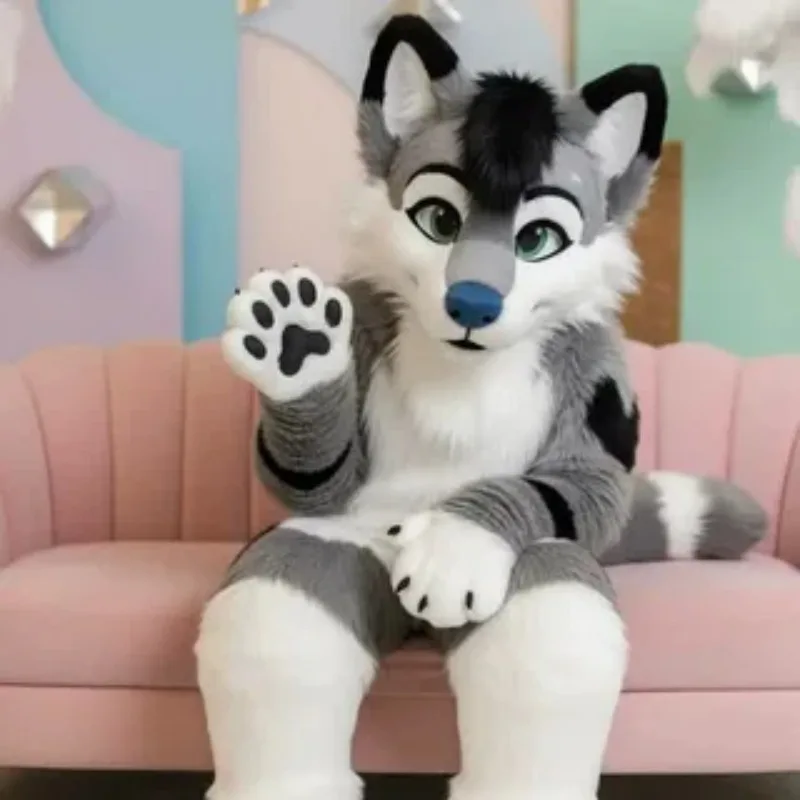 Grau-weißes langes Fell, pelziger Husky-Hund, schwarzer Wolf, Fuchs, Fursuit-Maskottchen-Kostüm, Erwachsenen-Cartoon-Charakter-Anzug, für echte Rollenspiele auf Messen