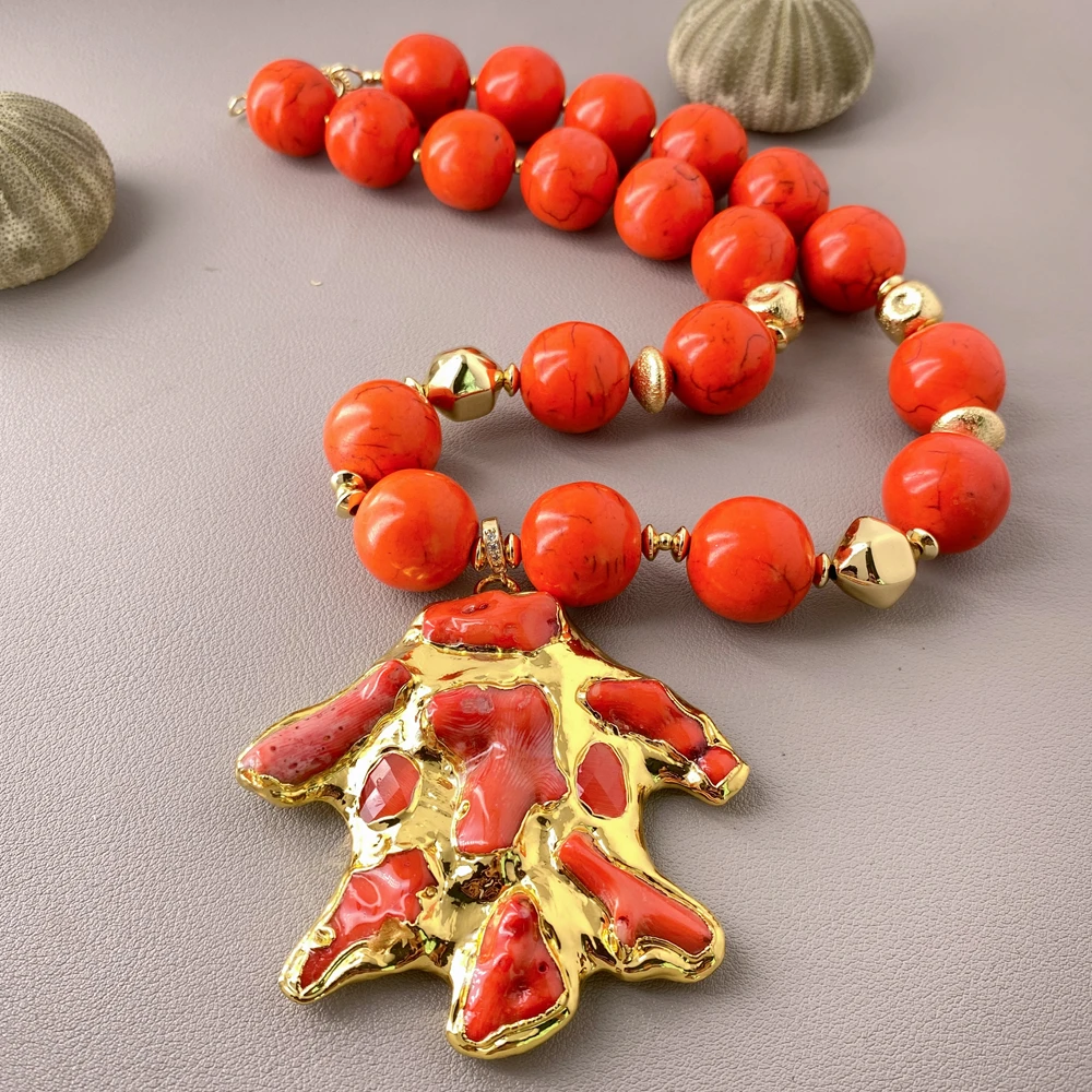 YYGEM Gold Plated Large Coral Branch Pendant Orange Turquoise Round Beaded Statement Necklace