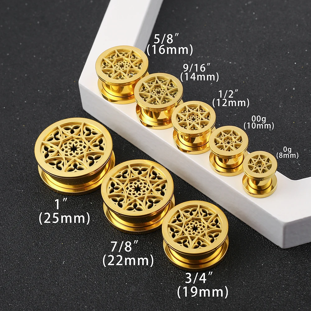 Giga 2Pcs Gothic Hollow Ear Tunnel Plug Stretcher Stainless Steel Screw Back Ear Gauges Expander Body Piercing Jewelry Vintage