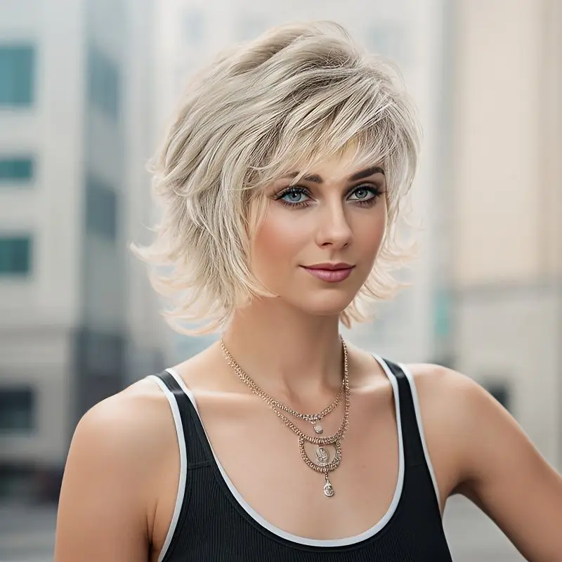 

Европейский и американский женский короткий парик, градиентная серая косая челка, пушистый и перевернутый парик, натуральная многослойная синтетика