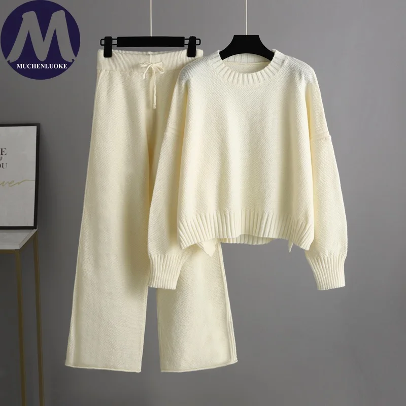Conjunto de duas peças feminino outono inverno novo casual o pescoço manter quente camisola de malha moda solta engrossar calças de perna larga conjuntos