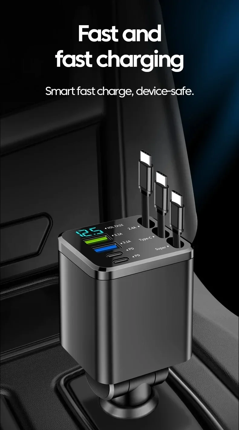 Typ-C Handy-Autoladegerät 7-in-1 mit Erweiterungskabel, Dual-Port USBPD Schnellladegerät für Zigarettenanzünder im Auto – Detail 4