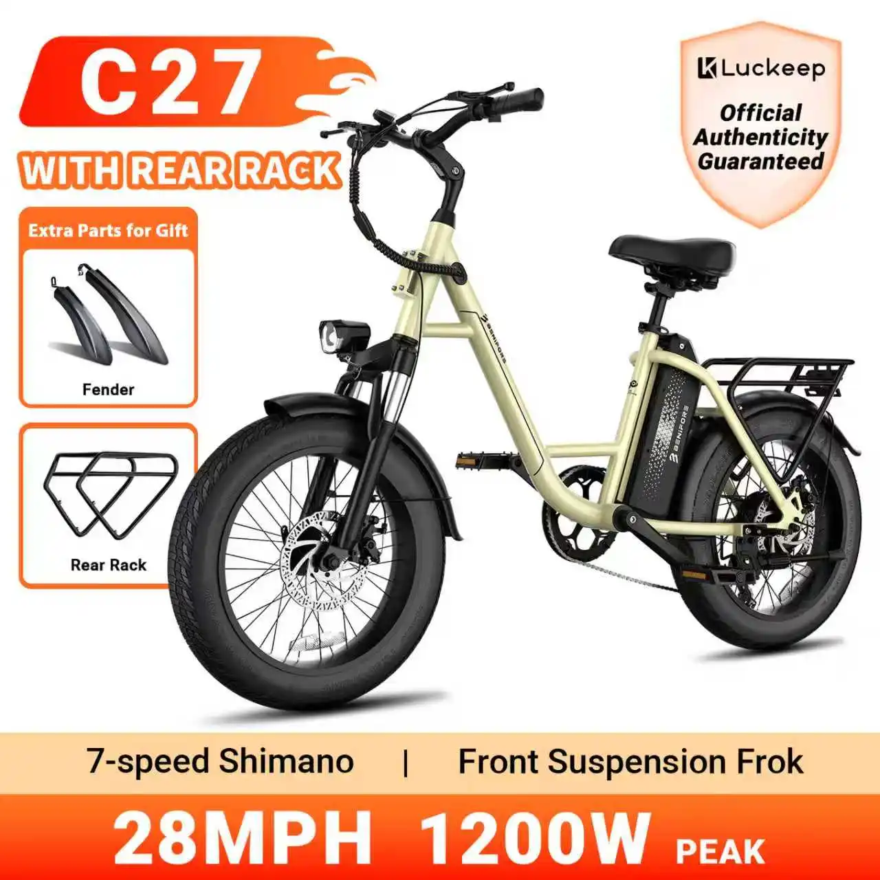 

Электрический велосипед Luckeep C27 для взрослых, пик 1200 Вт, съемный аккумулятор 28 миль в час, электровелосипеды 624 Втч, электронные велосипеды с толстыми шинами 20 дюймов для взрослых