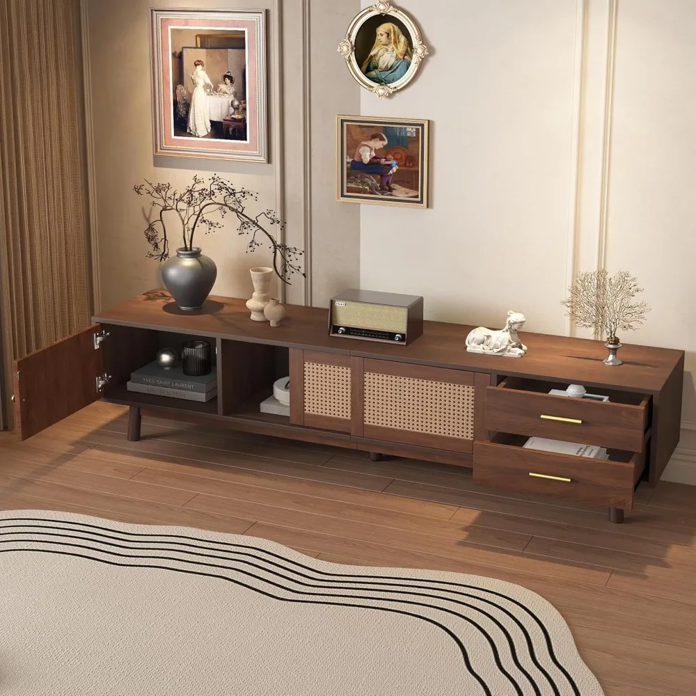 حامل تلفزيون بني مع مساحة تخزين، حامل تلفزيون بني من خشب الجوز لأجهزة التلفاز حتى 63 بوصة حتى 80 بوصة، حامل تلفزيون حديث في منتصف القرن مع طاقة