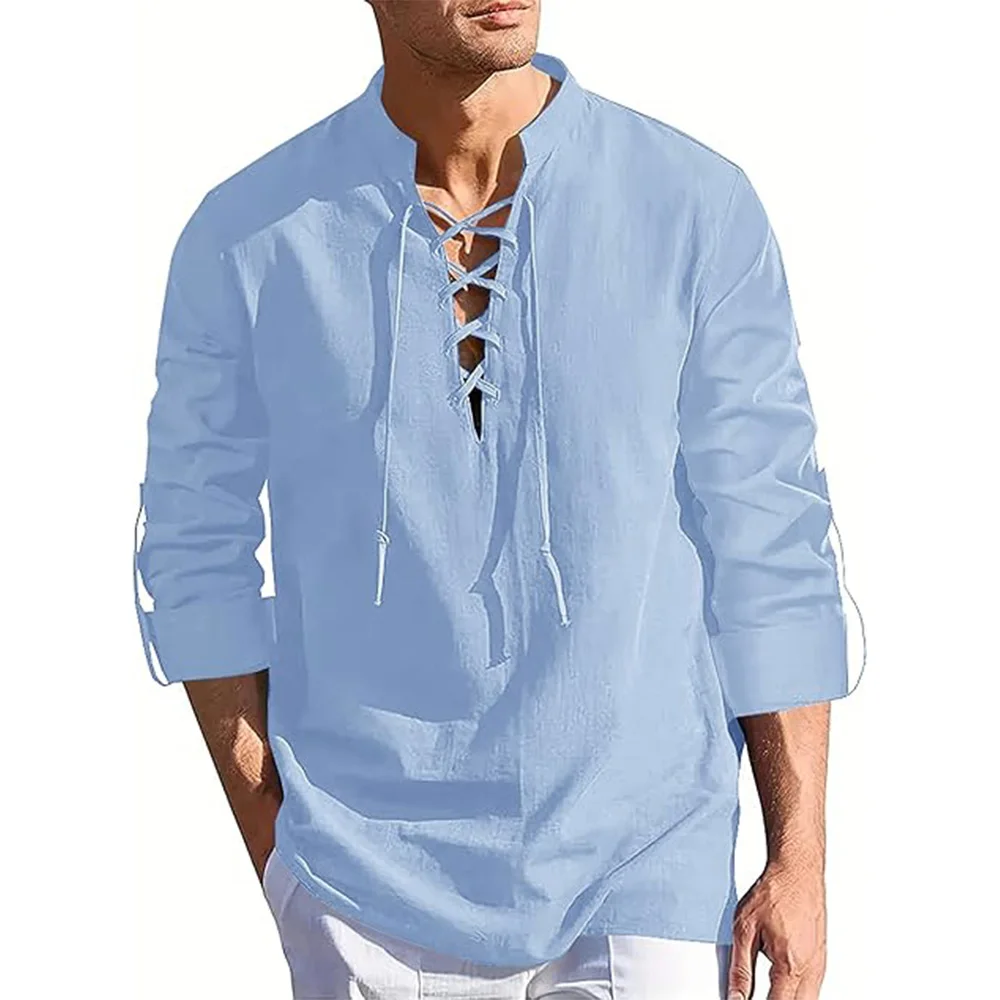 Mens Long Sleeve Pirate Henley Collar Shirts Drawstring Cotton Linen Lace Up V Neck Shirts Hippie Beach Spring Summer Tops