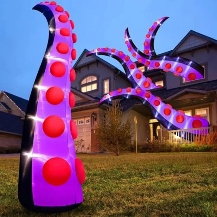 

Outdoor Halloween decoration: 14 FT inflatable octopus tentacles with built-in LED lights, black color, weather-resistant PVC m