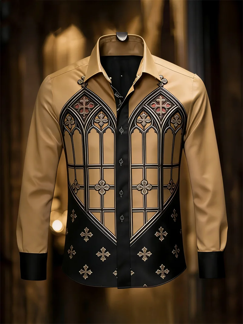 

Новая мужская рубашка с длинным рукавом, воротником и готическим принтом в виде церковного креста, цвета хаки с черными контрастными вставками, с возможностью персонализации.