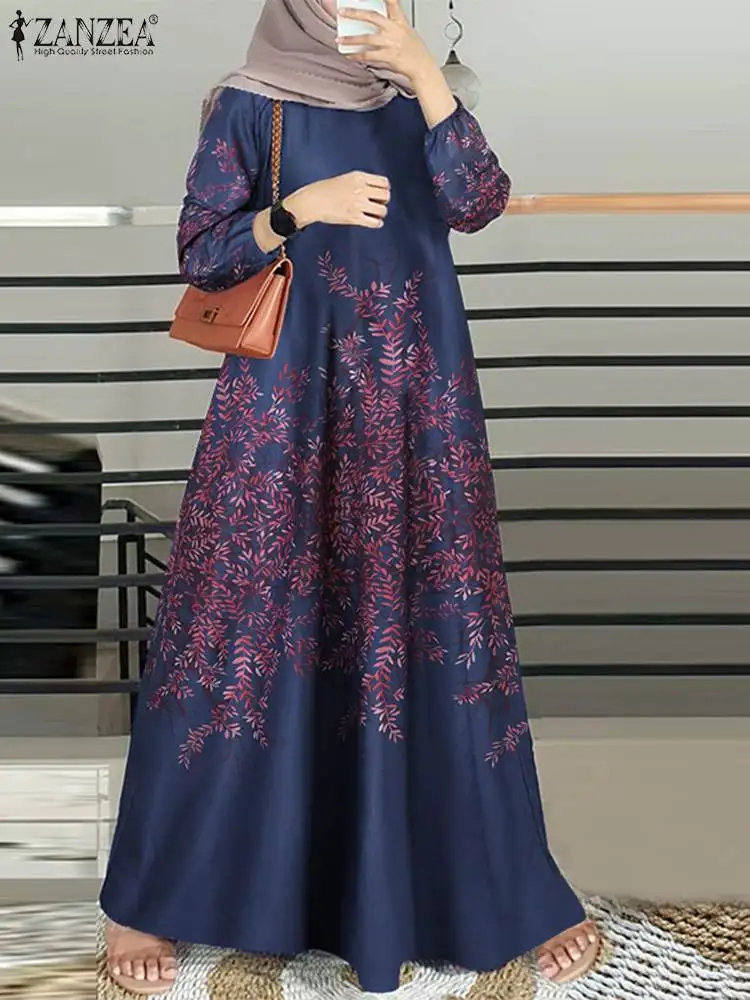 

ZANZEA Vintage Women Long Sleeve Floral Printed Muslim Maxi Dress Spring Marocain Eid Mubarek Sundress Jilbab Islamic Clothing