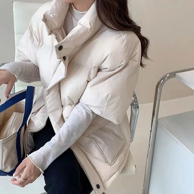 Women Mid Lenth Parkas Coats Solid Overcoats Zipper Half Sleeves Stand Collar Loose Thick Office Lady Casual 2026 Autumn Winter