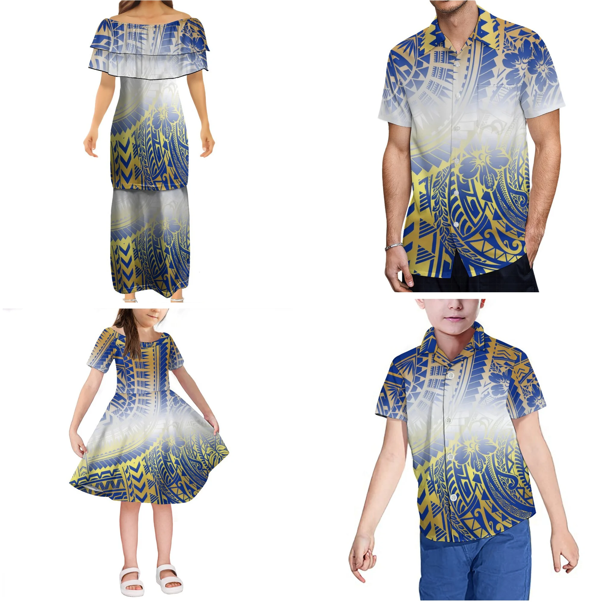 Hot Selling New Arrivals Polynesian Samoan Tribal Customized Family Clothing Men's Shirt Party Club Kids T Shirt Puletasi Dress