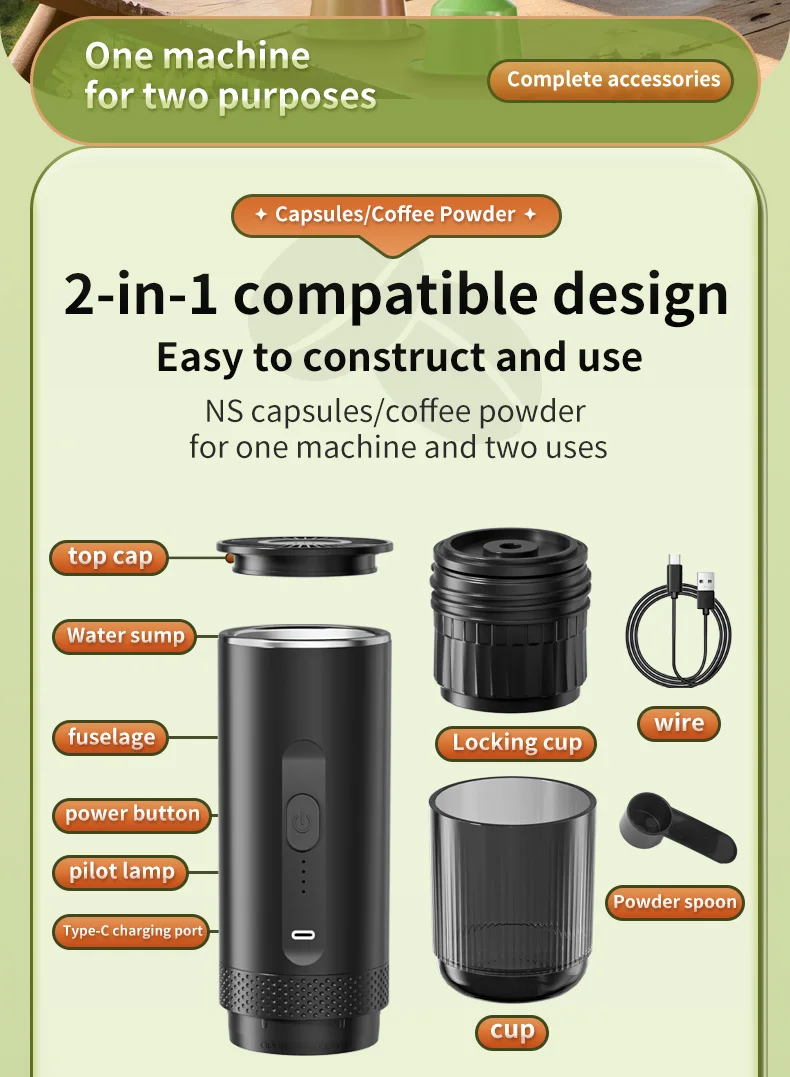 2-in-1 kabellose elektrische Espressomaschine für Auto und Zuhause, Camping, tragbare Kaffeemaschine, Kapselpulver, Reise-Kaffeemaschine – Detail 14