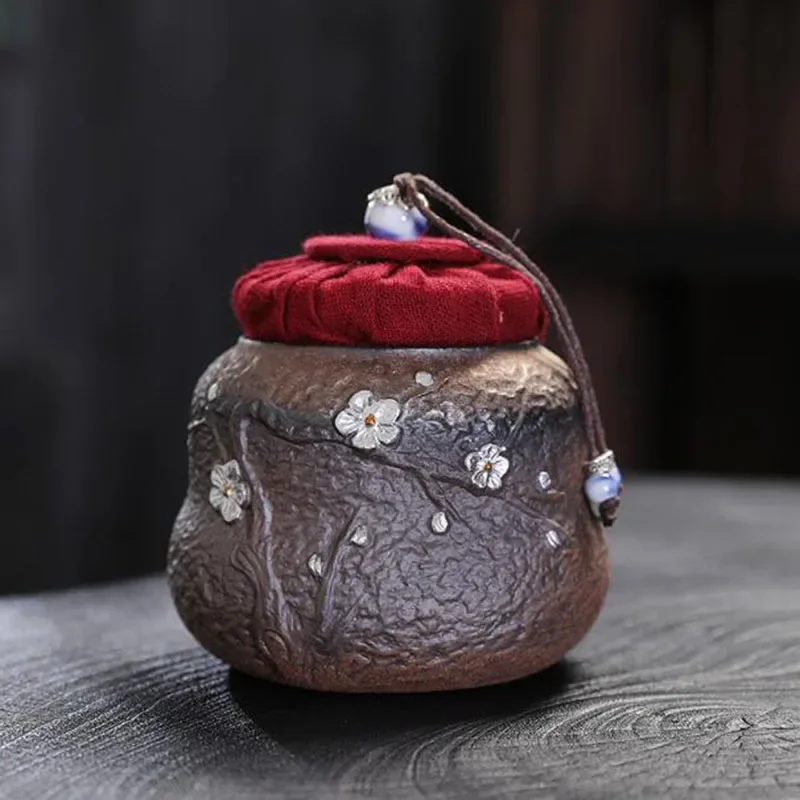 Coarse Pottery Plum Blossom Pattern Tea Caddy Sealed Storage Pu'er Green Tea Pot Spice Nut Jar Kitchen Teaware