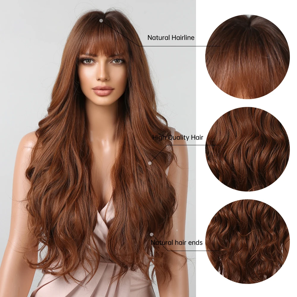 Long Wavy Auburn Dark Brown Synthetic Wigs for Women Ombre Brown Middle Part Hair Heat Resistant Wigs Daily Cosplay Fiber Hair