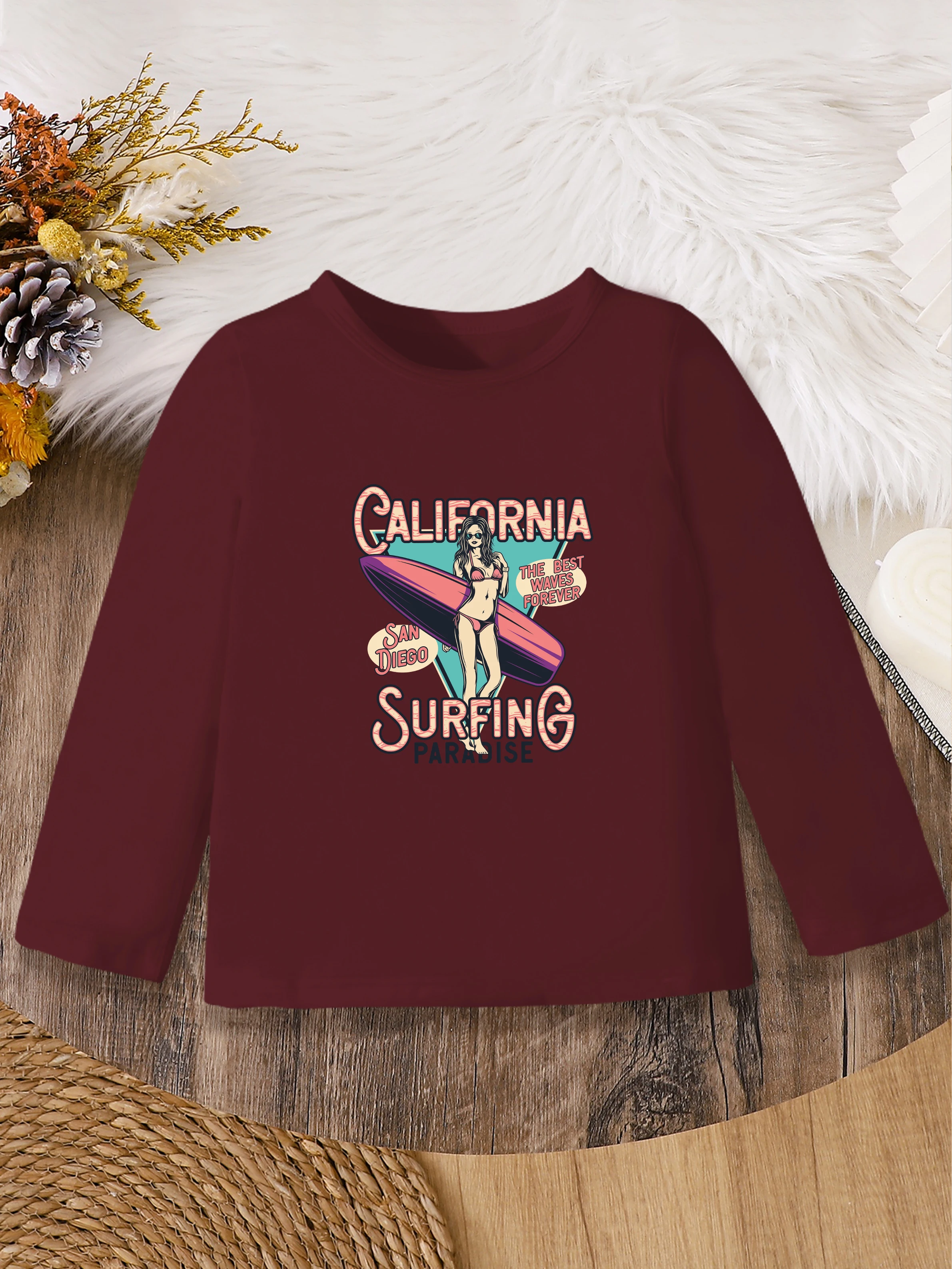 

1 шт.: Осенний милый милый базовый слой для девочек — девушка в американском стиле с принтом на доске для серфинга