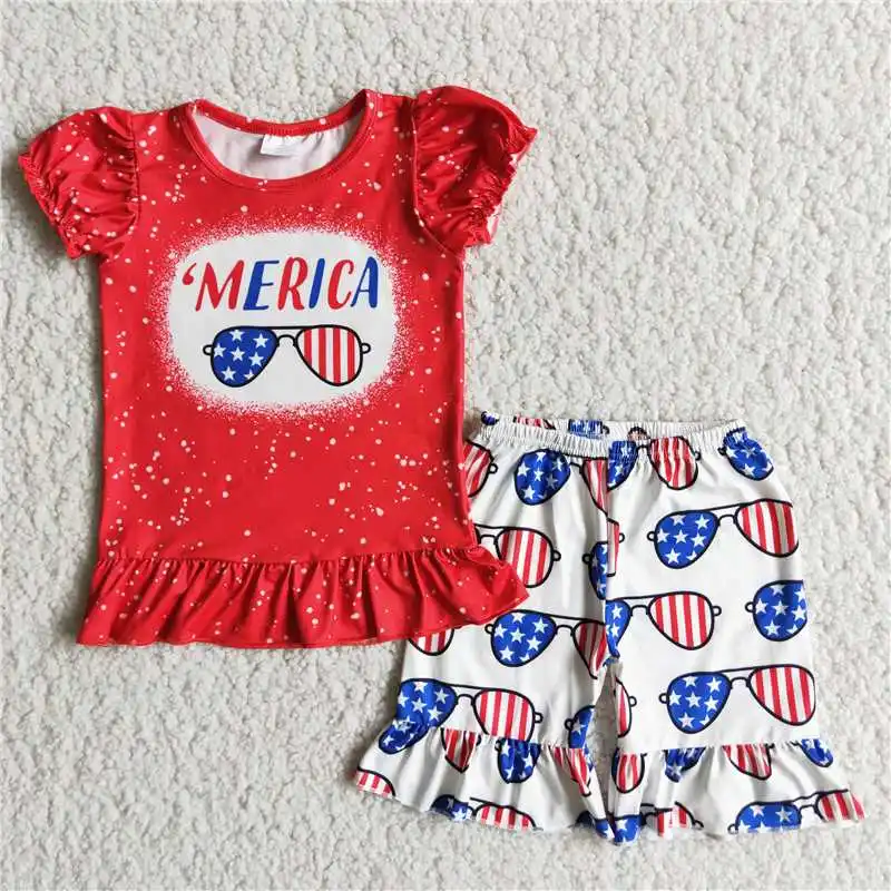 High Quality Children's Clothing 'MERICA Letter Spotted Puff Cuff Hem Red Short Sleeve Sunglasses Pattern Shorts Girls Suit