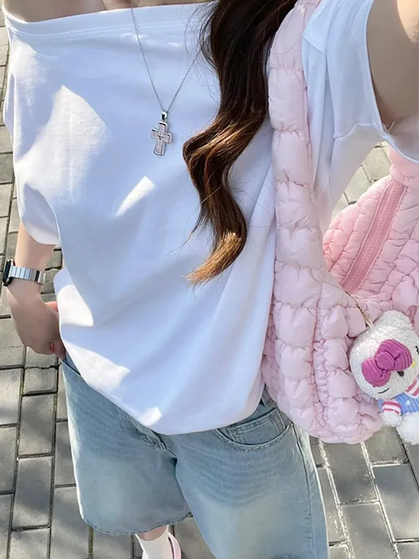 White Shoulder Bared Short Sleeve Loose Fit T-Shirt Women Summer Design Slimming Meat Concealing Lazy Style Top for Ladies