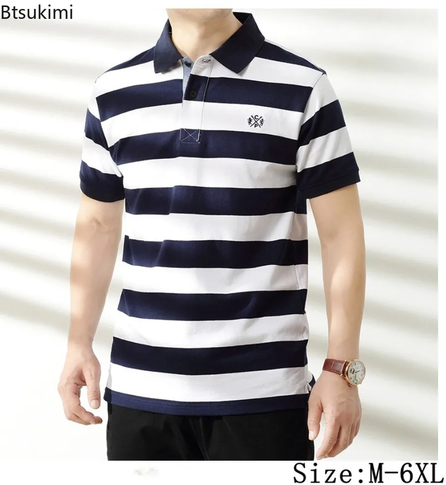 

New Men's Cotton Polo Shirts Classic Striped Business Casual Short Sleeve Shirts Color Blocking Design Summer Men Basic Tops 6XL