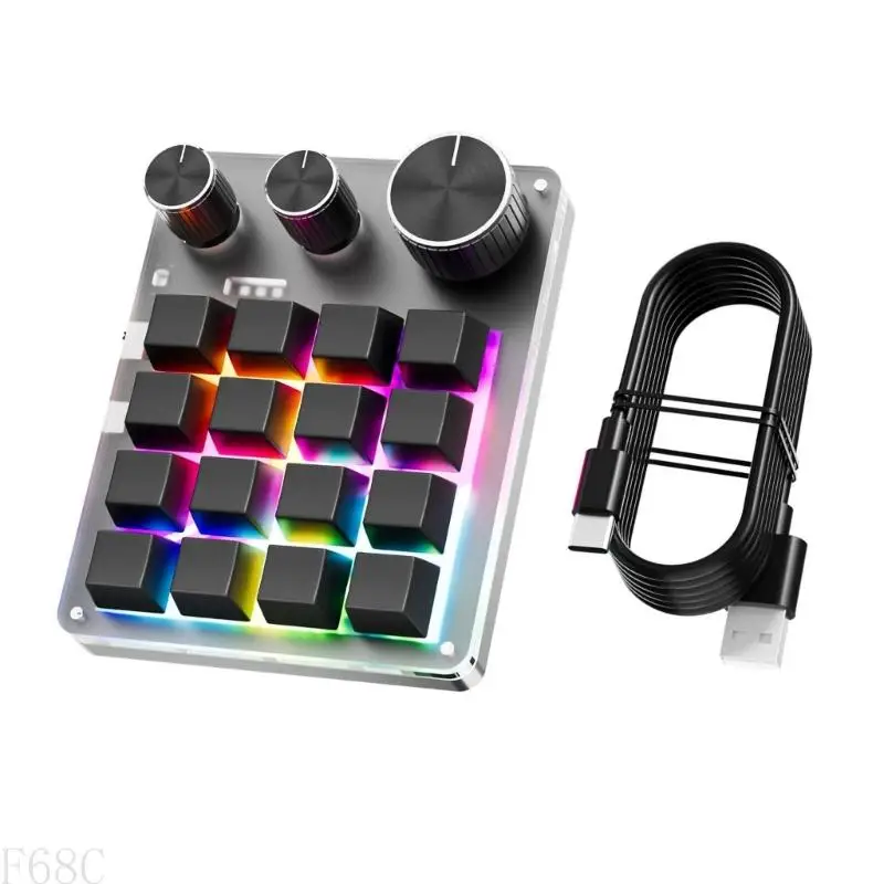 F68C Darded Macro Programmable клавиатура USB Mini 16Keys 3 ручки Hotswappable Mechanical Keyboard Wireless для игр