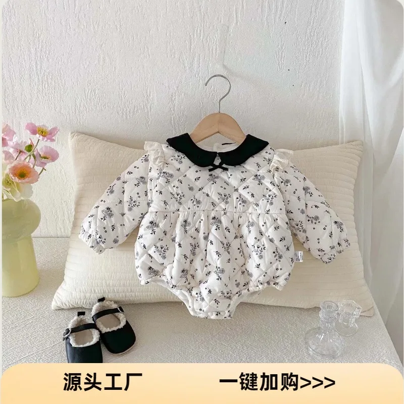 

Одежда для маленьких девочек, милый кукольный воротник, хлопковая сумка с цветочным принтом, одежда для пердежа, детский кружевной комбинезон с летающими рукавами, теплый и пушистый комбинезон