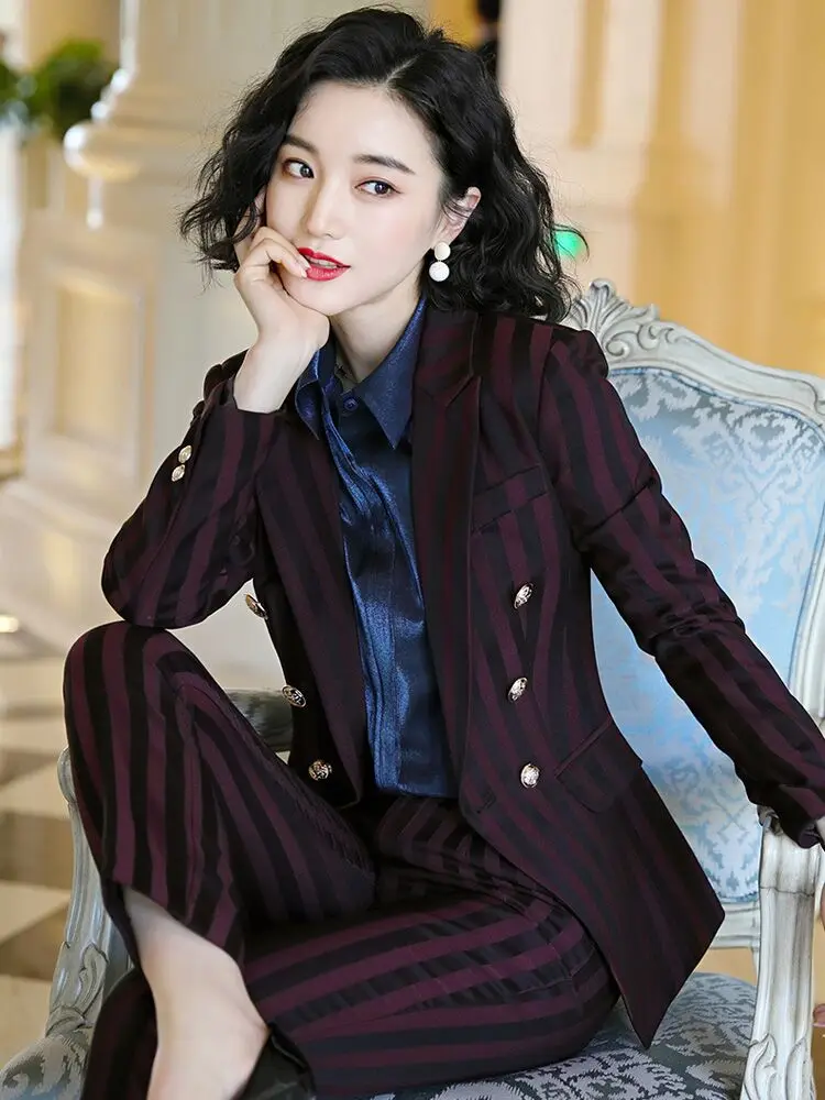 Burgundy Stripe Women's Fashion Office Suits Female Double Breasted Casual Elegant Jacket Pants Work Wear Women Suits Costume