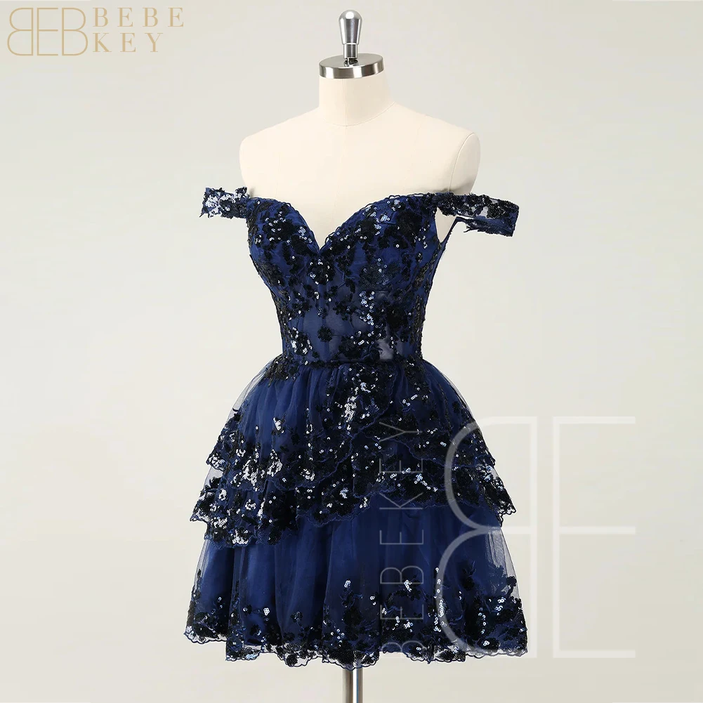 

Sparkly Off the shoulder Prom Party Gown Formal Dress Navy Blue A-Line Tiered Corset Lace Short Homecoming Dressrobe de soiree