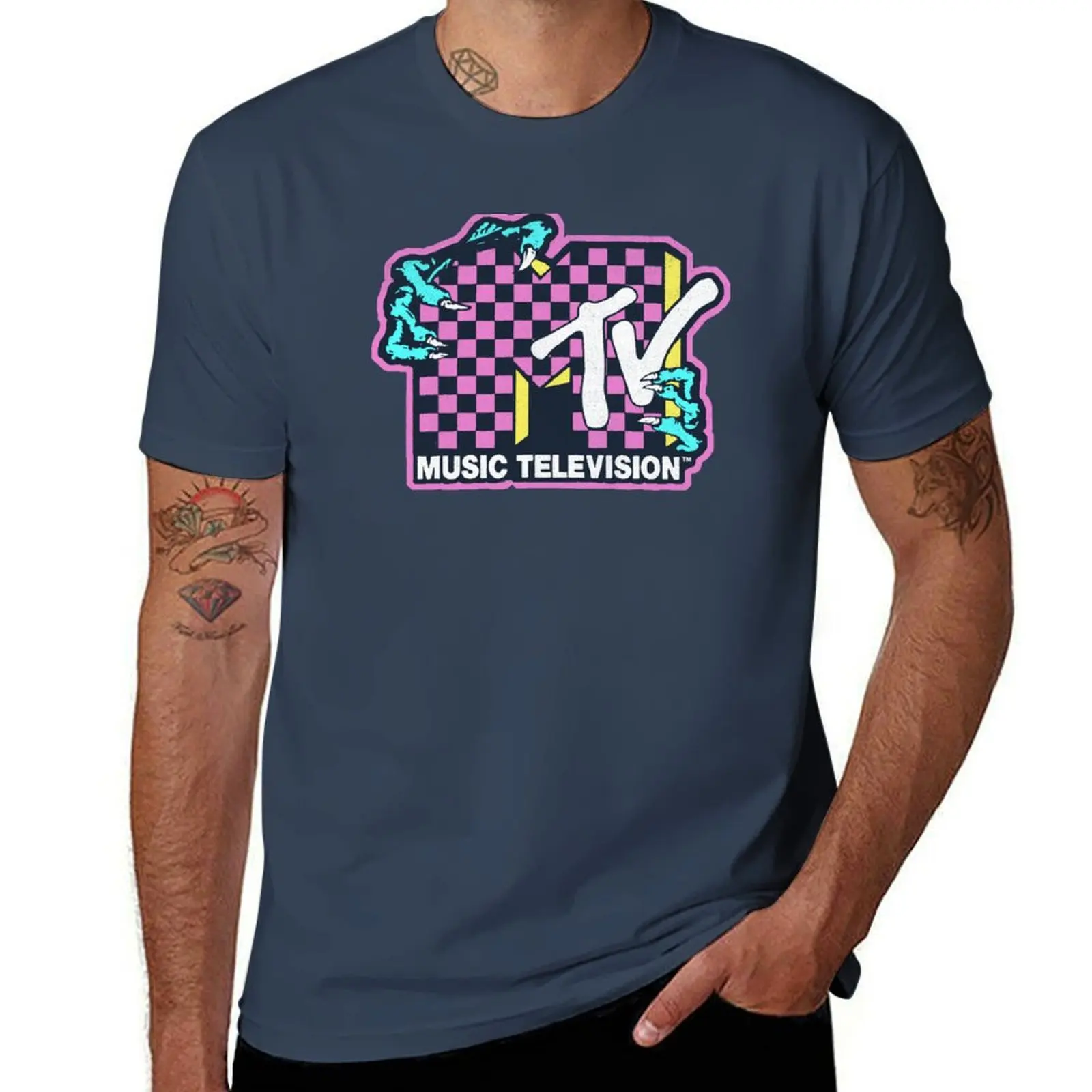 

MTV Checkered Monster Hand Logo T-Shirt plus size clothes plain quick drying shirts men