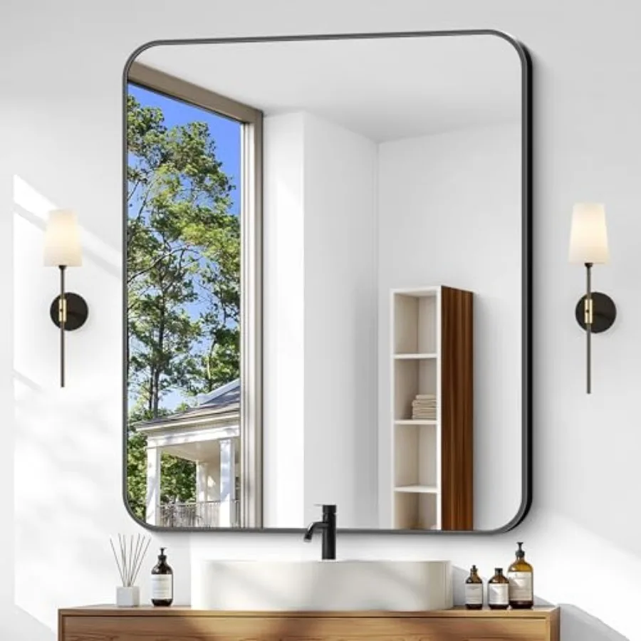 

Bathroom Mirror, 36 x 30 inch Metal d Rectangle Mirror, Rounded Corner Rectangular Vanity Mirror, Wall Mounted Mirror for Moder