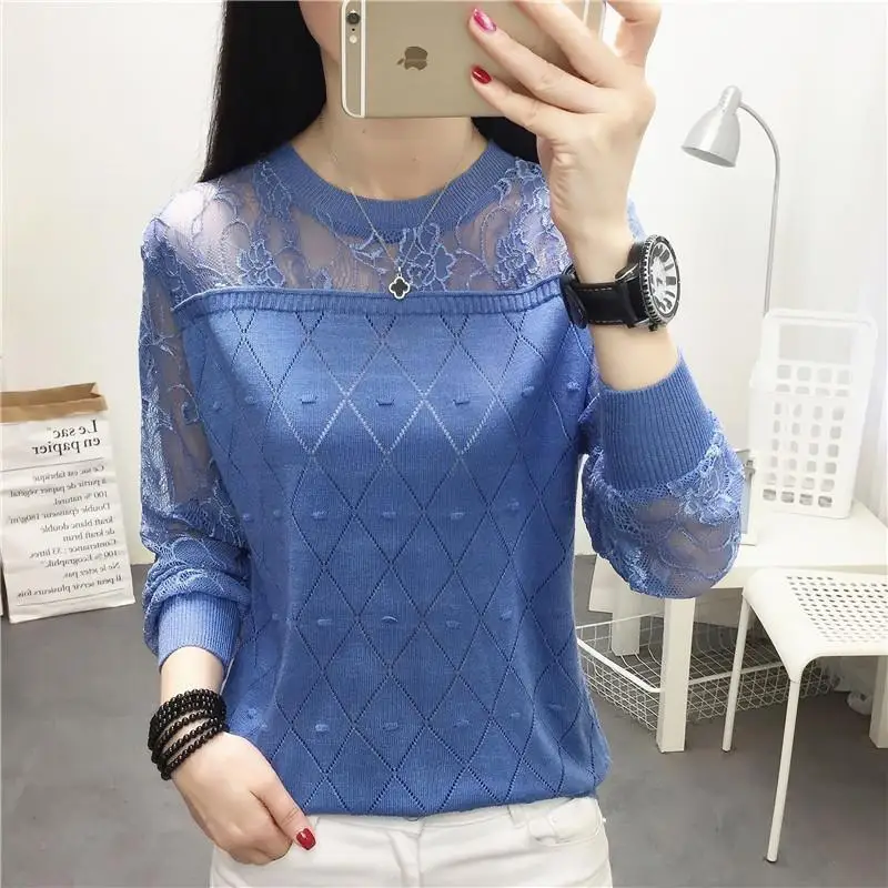 Round Neck Lace Bottoming Shirt Ice Silk Long Sleeve Loose Wild Spring And Autumn Clothes  New Thin Sweater Women's Blouse Tide