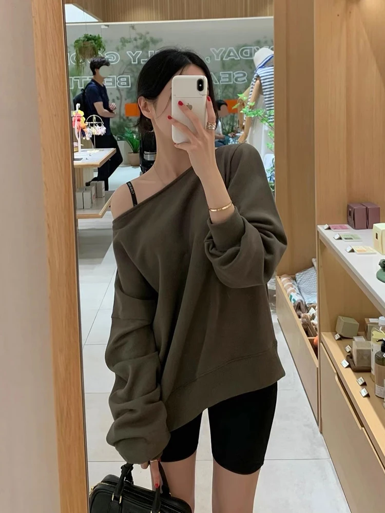 Gagarich Korean Chic Autumn Personality Sloping Collar Off Shoulder Design Loose Casual Versatile Long Sleeved Pullover Hoodie