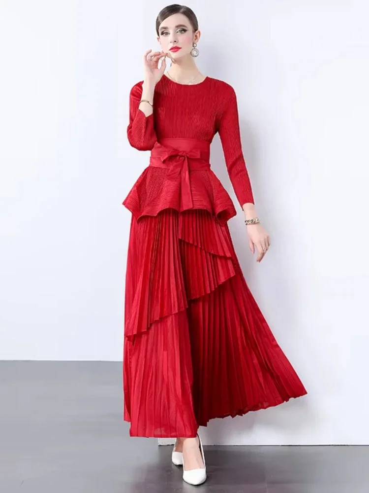 ANLAN Pleated Two Piece Sets Women Irregular Hem Round Collar Lace-up Top + A Line Loose Skirt New 2024 Female Set 9AN1116