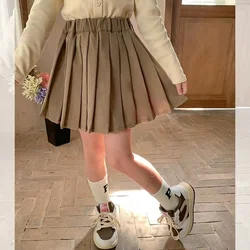 School Skirt for Girls Baby Preppy Style Half Pleated Skirt 2023 Spring New Children'S Solid Color Pleated Short Skirt