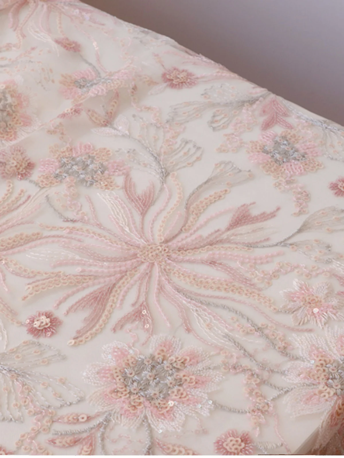 Soft Pink Shiny Embroidered Mesh Lace Fabric for Wedding Dresses and Clothing Accessories Designer Fabric By The Meter