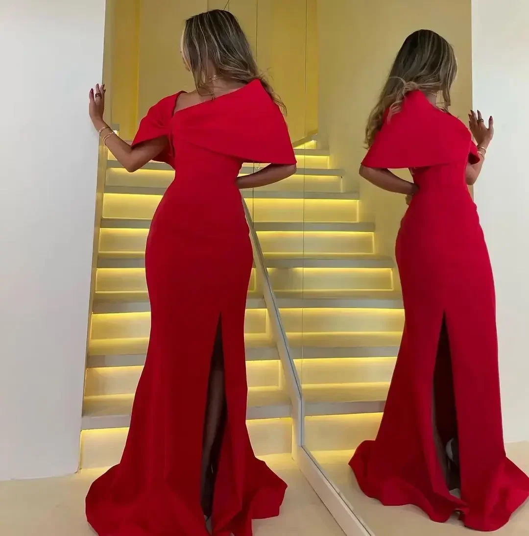 

Customized Elegant Mermaid Off Shoulder Prom Dresses Pleated Sleeveless Red Evening Dresses Floor Length Formal Party Dresses