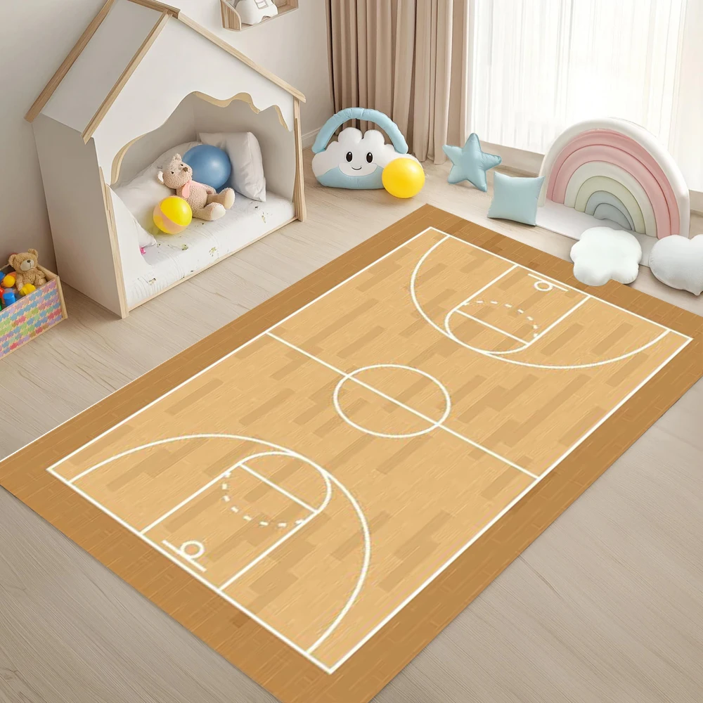 Sports Theme Play Rug – Racing Track, Basketball & Soccer Field Design for Kids’ Bedroom or Playroom, Non-Slip