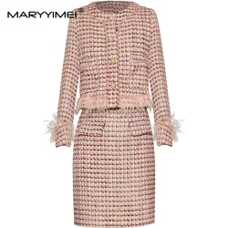 MARYYIMEI Autumn Winter Women's Suit Long Sleeved Soft feathers Single-breasted Tops+Slim skirt Pink Plaid 2 piece Set