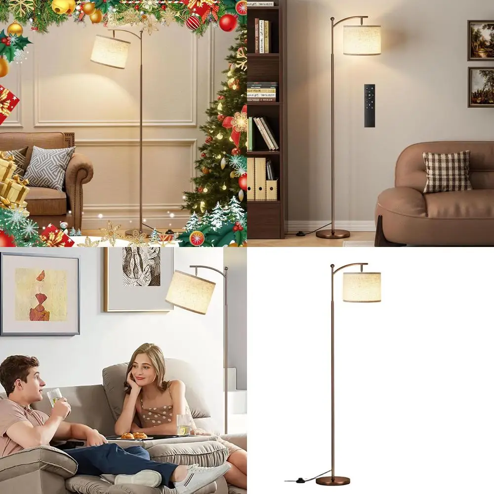 Luminária de Chão Ajustável com Temperatura de Cor e Brilho, 60 Polegadas, com Controle Remoto, Abajur Bege, Haste Marrom