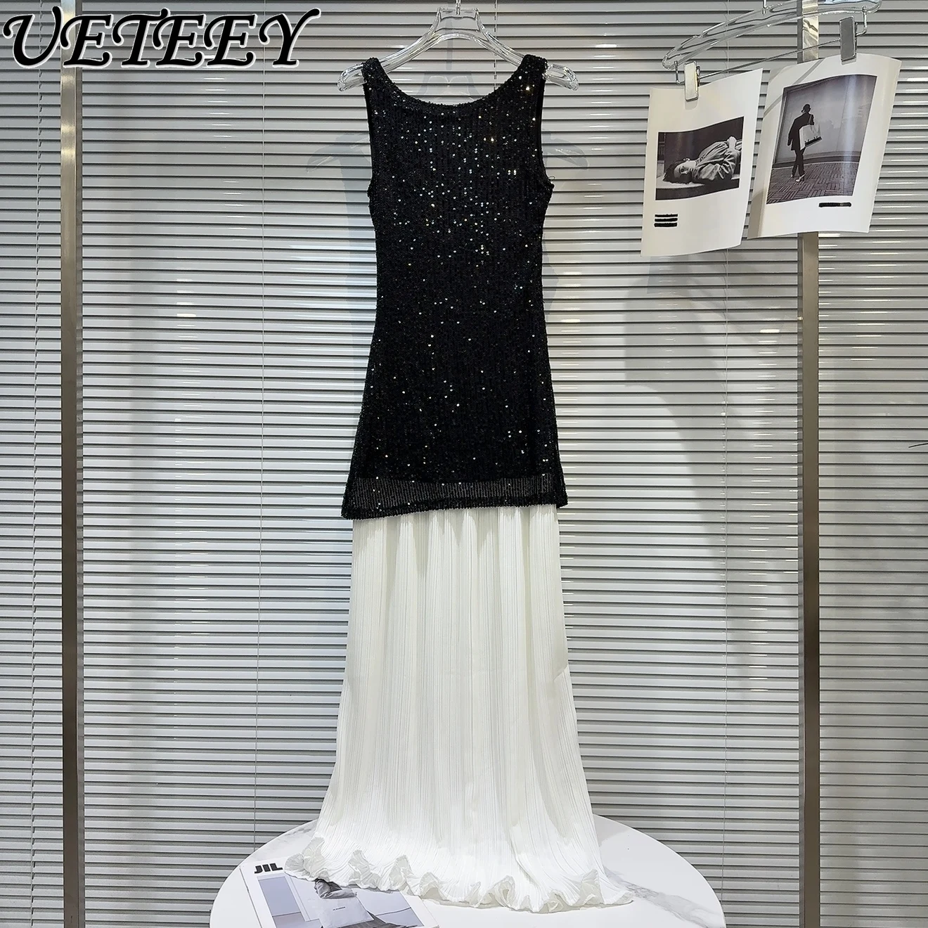 

Temperament Sparkling Sequins Super Long Dress 2025 Summer New Celebrity Bead Splicing Mesh Dress Party Black Vest Dress Women