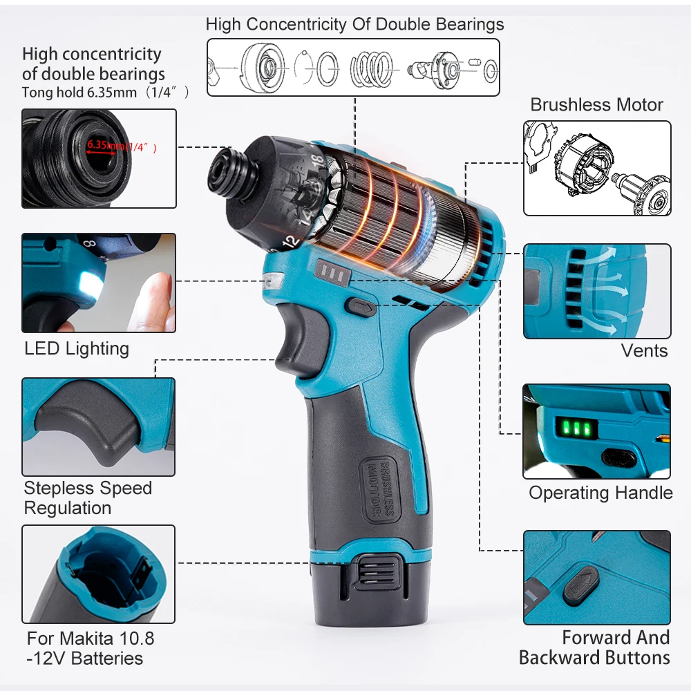 12V 35N.m Cordless Screwdriver Electric Hammer Drill Dual Speed Brushless Motor Drill For Makita Battery Power Driver Tool