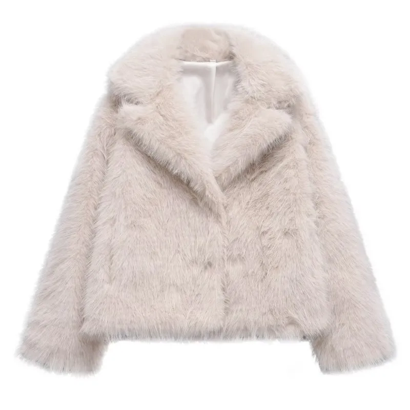 

2025 Women's Winter Retro Style Lapel Long Sleeve Faux Fur Wool-Blend Jacket Outerwear Warm Plush Coats Casual Street Wears Tops