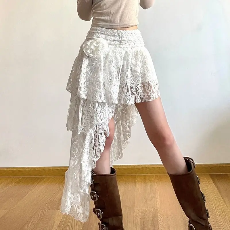 Mori Girl Style New Hollow Out Lace Skirt Women French Court Elegant Irregular Hem Holiday Skirt Girl Bohemian Amorous Feelings