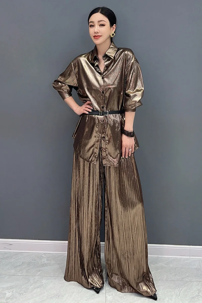 2024 Autumn New Women Set Bright Folds Long Shirt Wide Leg Pants Two Piece Set Casual Fashion Clothes J391