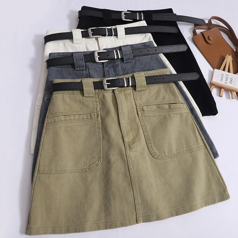 Spring New Age-reducing High-waisted Denim Skirt Women's Slimming Pocket A-line Anti-slip Skirt