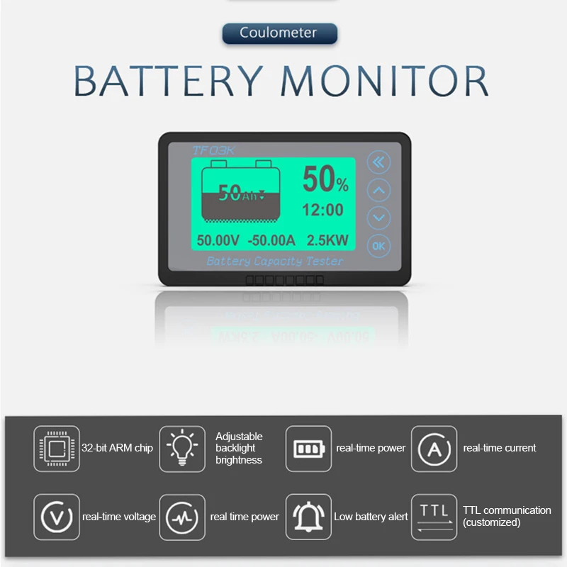 TF03K Battery Coulometer DC 8-120V 50A/100A/350A Battery Capacity Tester Voltage Current Display for Electric Car Touring Car