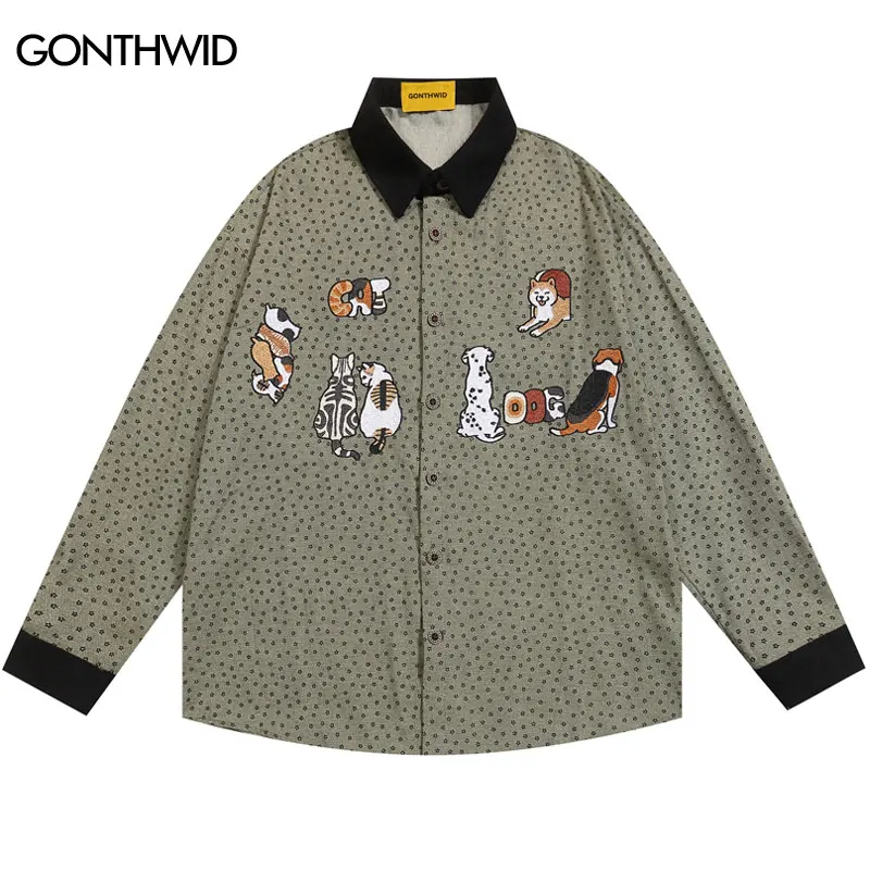 Harajuku Shirt Y2K Funny Embroidery Cartoon Cat Dog Button Up Cotton Blouse Streetwear Men Hip Hop Casual Loose Tops Shirts